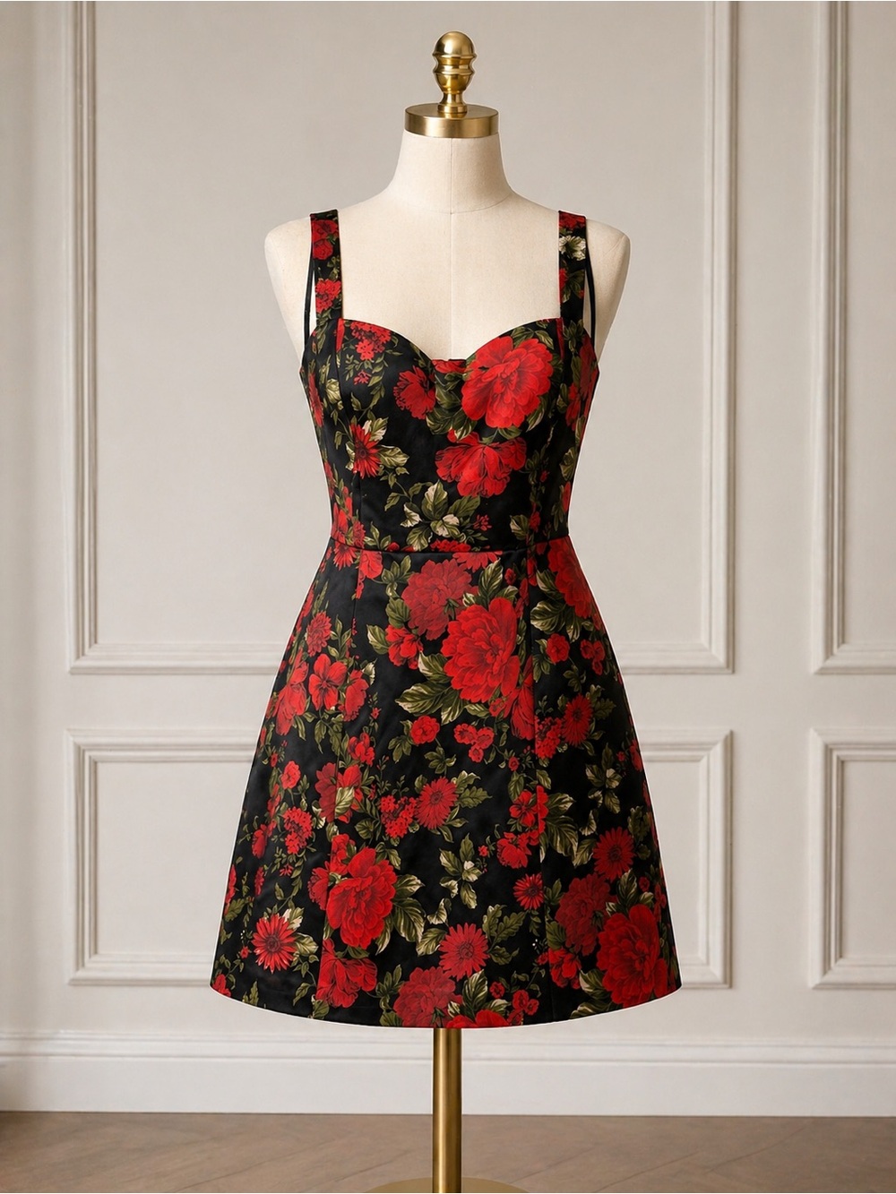 Floral Sweetheart A-Line Dress in Black and Red